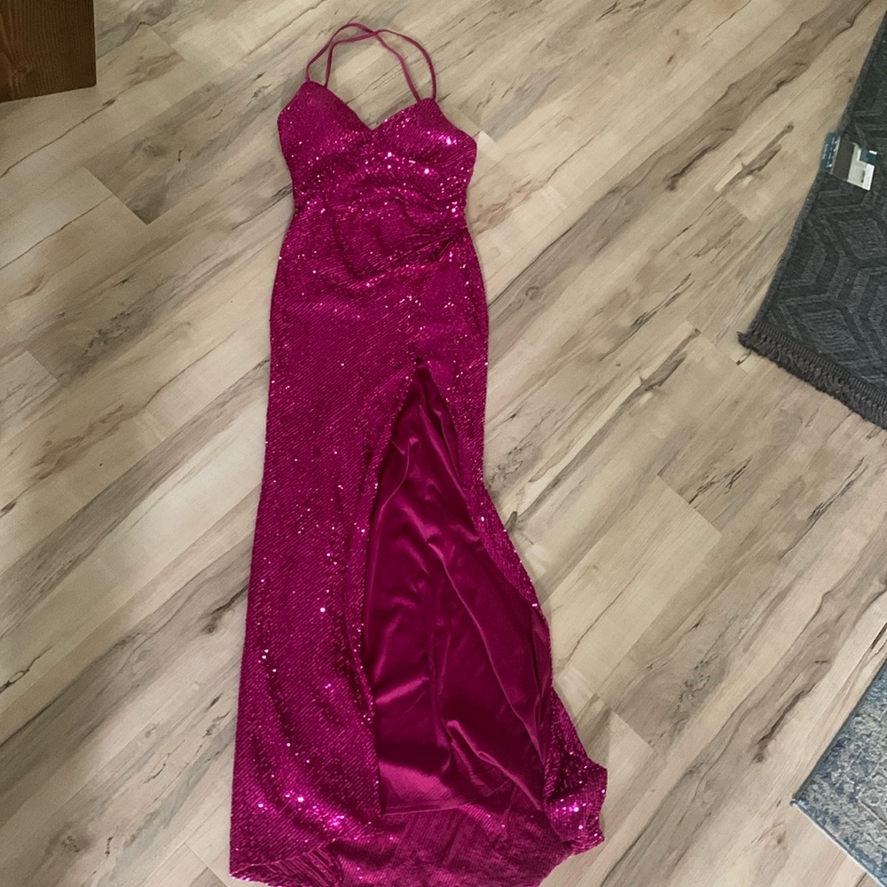 Gorgeous Hot Pink Sequin High Slit Dress